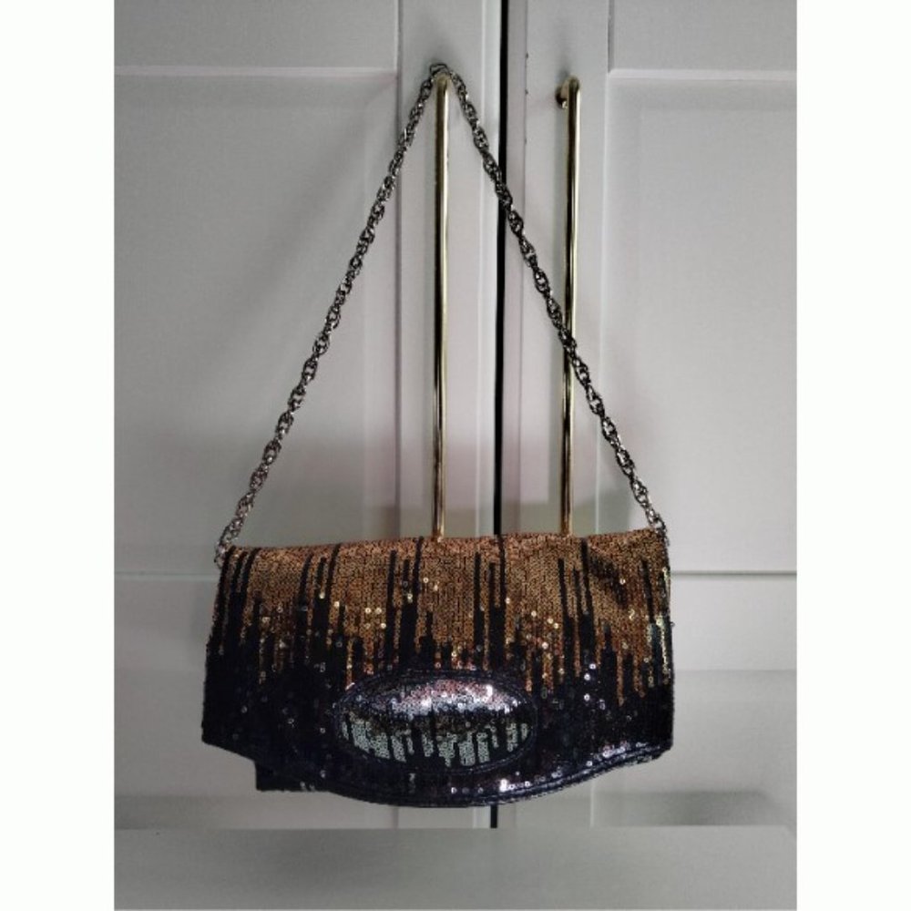 Black/Silver/Gold Spangle Clutch with Chain